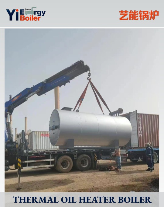 The thermal oil boiler is being prepared for loading at the port.